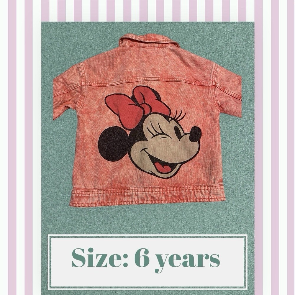 Disney Minnie Mouse Pink Acid Wash Denim Jean Jacket Girls Size 6 Graphic Back